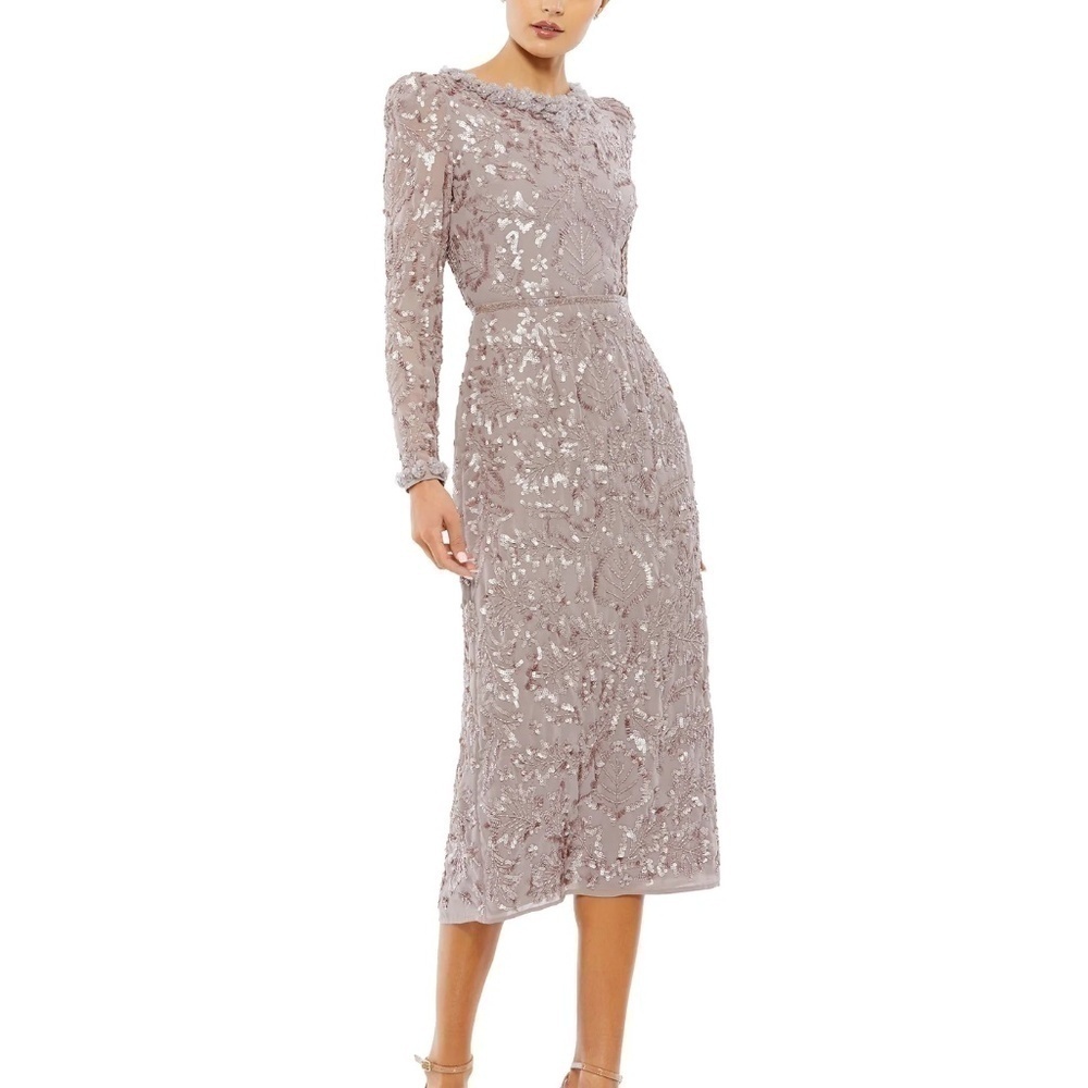 NWT Mac Duggal 93595 Embellished High Neck Puff Sleeve Fitted Dress Mauve Size 8